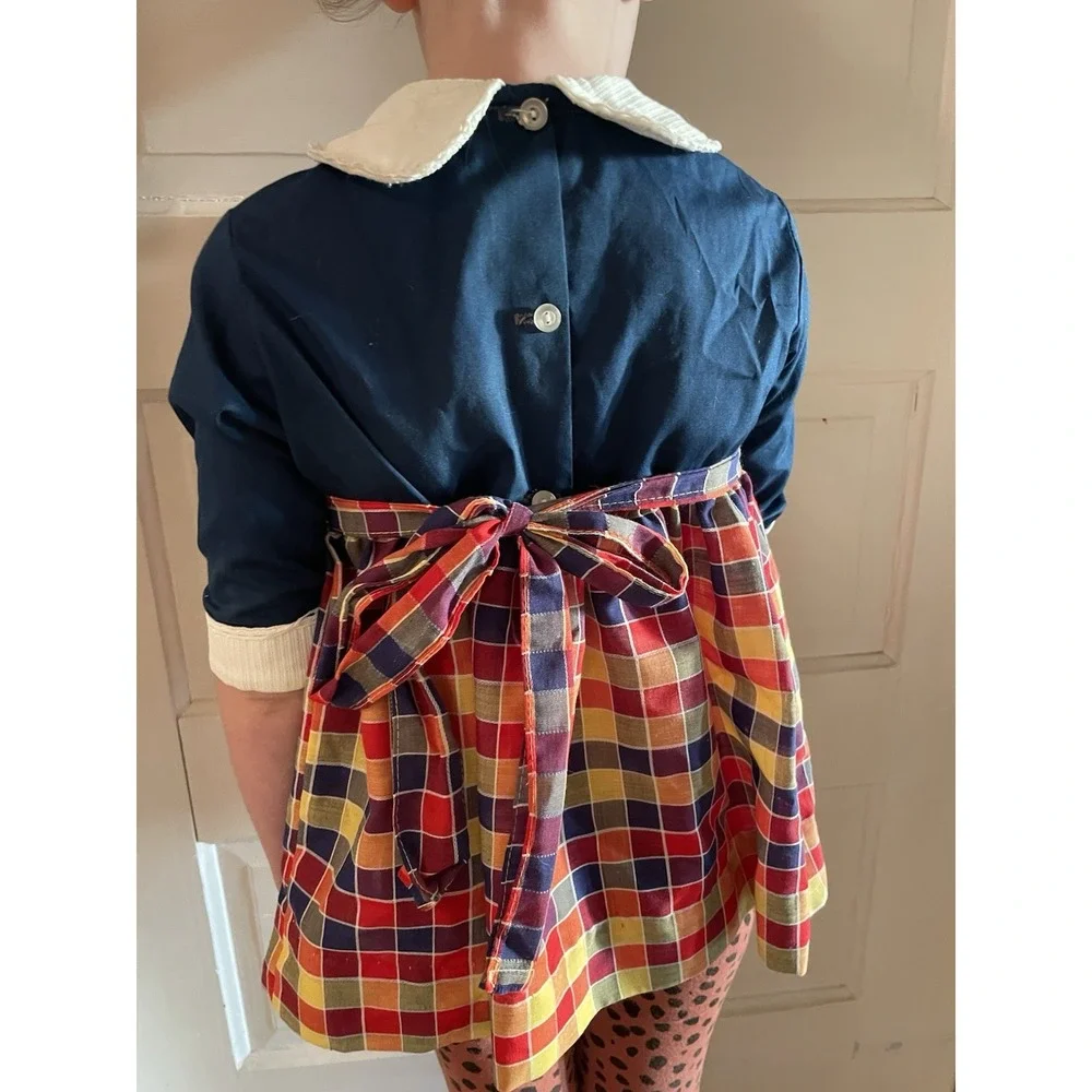 VNTG 1960s‎ Hand Smocked Colorful Plaid Skirt Peter Pan Collar Embroidered 4/5